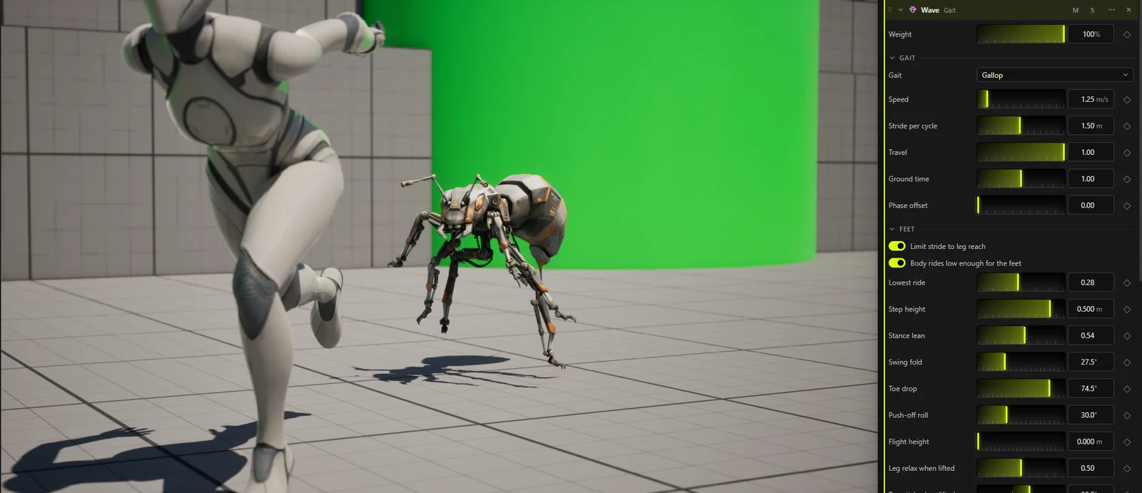 Play in Editor: a six-legged ant robot chases Manny, beside the Prokamo sliders that shape its gallop