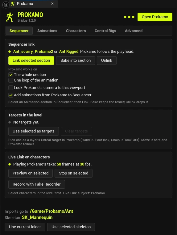 The Prokamo panel's Sequencer tab: a linked section with its character, the whole-section setting, Bake into section and targets