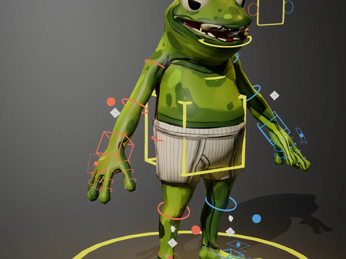 A frog character in Unreal with a Control Rig: IK hands and feet, finger controls, eye target and a body control
