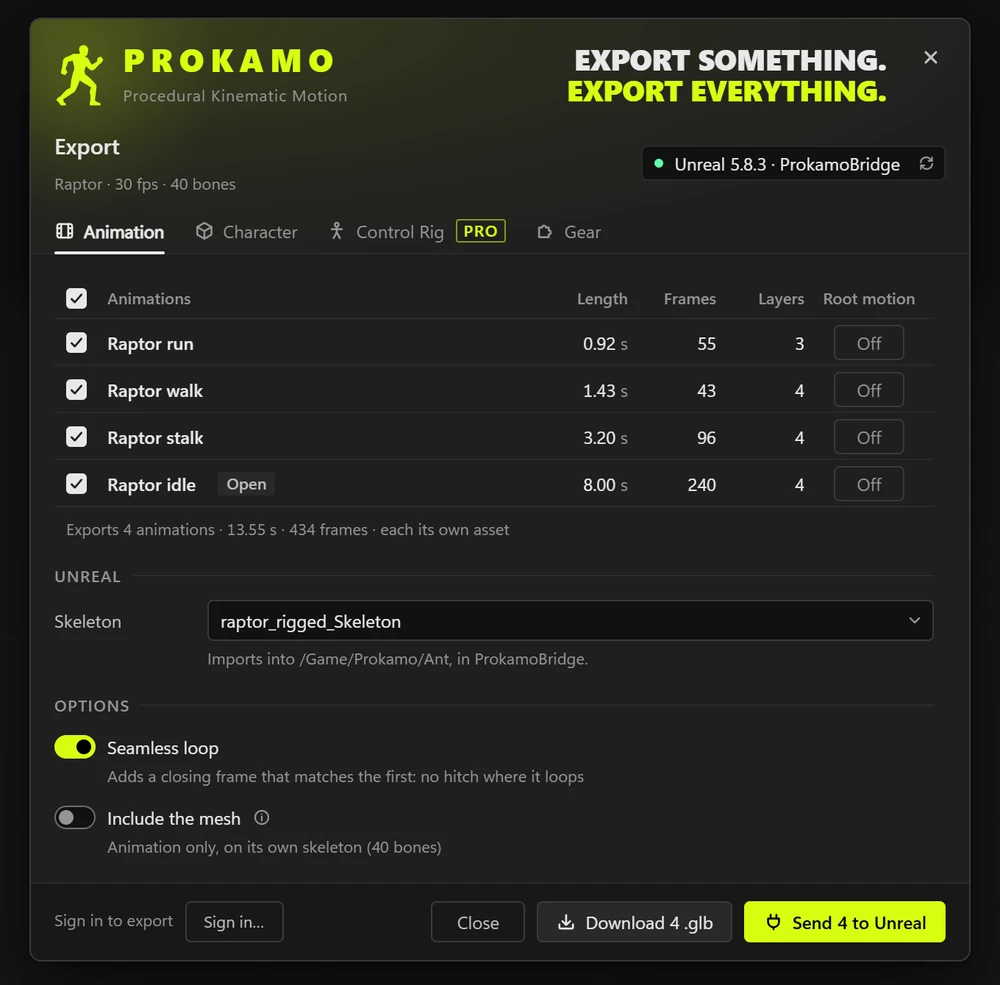 Prokamo's Export dialog sending four raptor animations to Unreal 5.8 at once